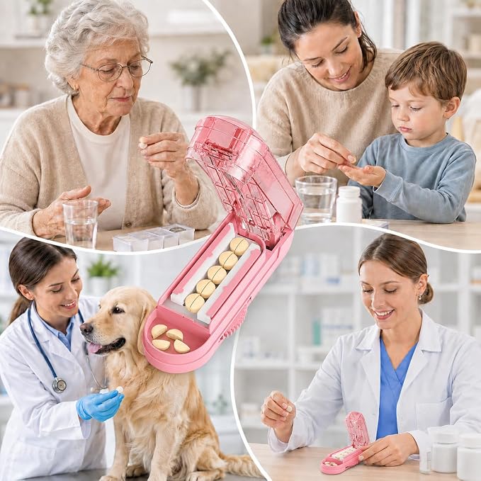 ONE PIX Pill Cutter Splitter for Small and Tiny Pills, Multiple Pill Splitter with Centering Device & Hidden Blade, Adjustable Tablet Cutter for Large Pills, Seniors, Pets, Pink