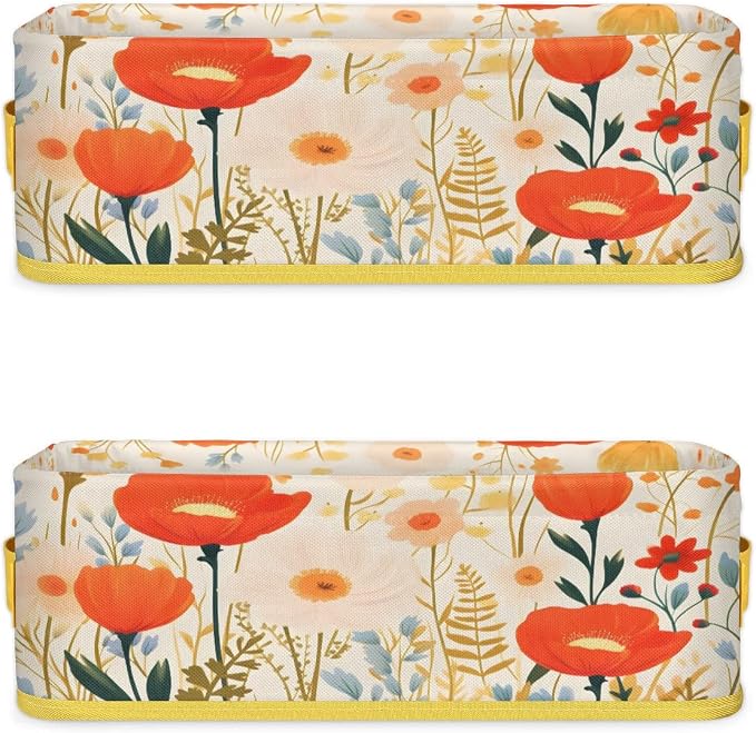 Spring Flowering Plants Bathroom Storage Basket, Foldable with Handle Open Countertop Paper Towel Decorative Box, Toilet Tank Top Shelf Baskets for Home Closet Bedroom Living Room Office