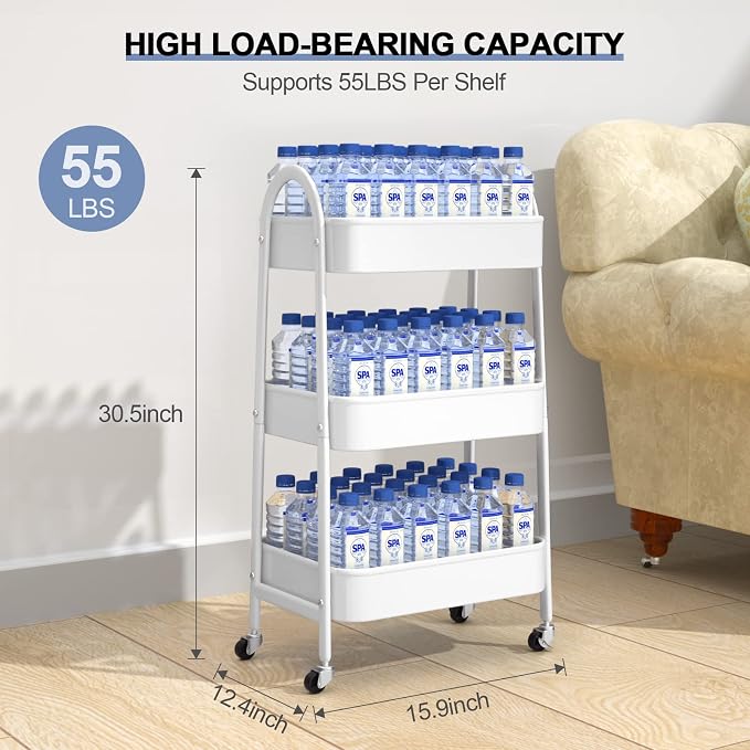 3 Tier Utility Rolling Cart, Metal Storage Cart with Handle and Lockable Wheels, Multifunctional Storage Organizer Trolley with Mesh Baskets for Kitchen, Living Room, Office, Garage (White)