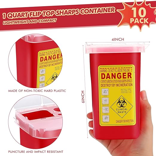 Chumia 10 Pcs 1 Quart Sharps Container,Small Needle Container Disposal | Sharps Containers Bulk for Home Use, Locking Lid Secure Closure, Safe Needle Box Disposal, for Biohazard Syringes,Travel size