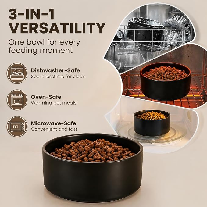 hjn Elevated Ceramic Dog Bowl with Bamboo Stand, Raised Pet Feeding Station for Small Medium Dogs Cats, Modern Design with Anti-Slip Base (Black, 3.6Cup)
