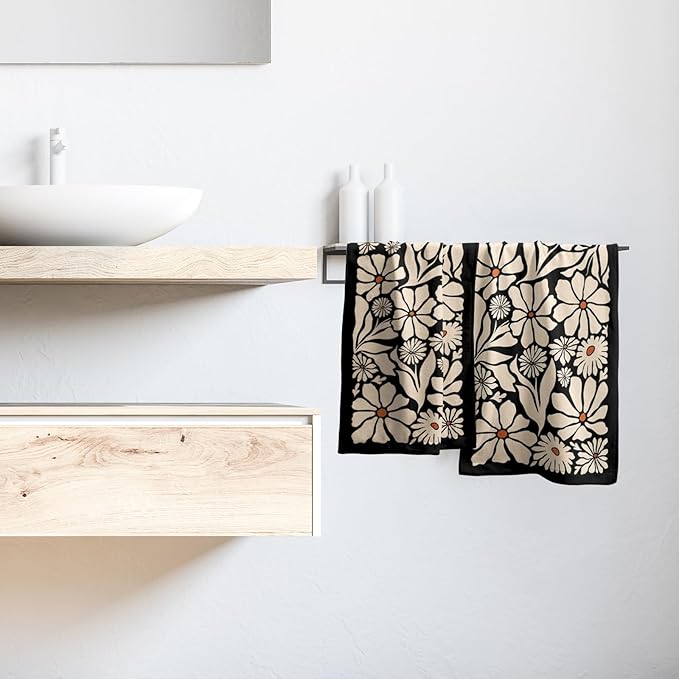 Giwawa Black Daisy Hand Towels Set of 2 Boho Floral Decorative Absorbent Fingertip Towels Soft Kitchen Tea Dish Towels for Bathroom Home Gym Spa