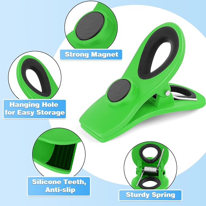 12 Pack Chip Clips, Bag Clips for Food, Magnetic Sealers for Chips and Other Food, Plastic Bag Clip for Kitchen, Fridge, Clothes, Sewing and Artwork (Green)