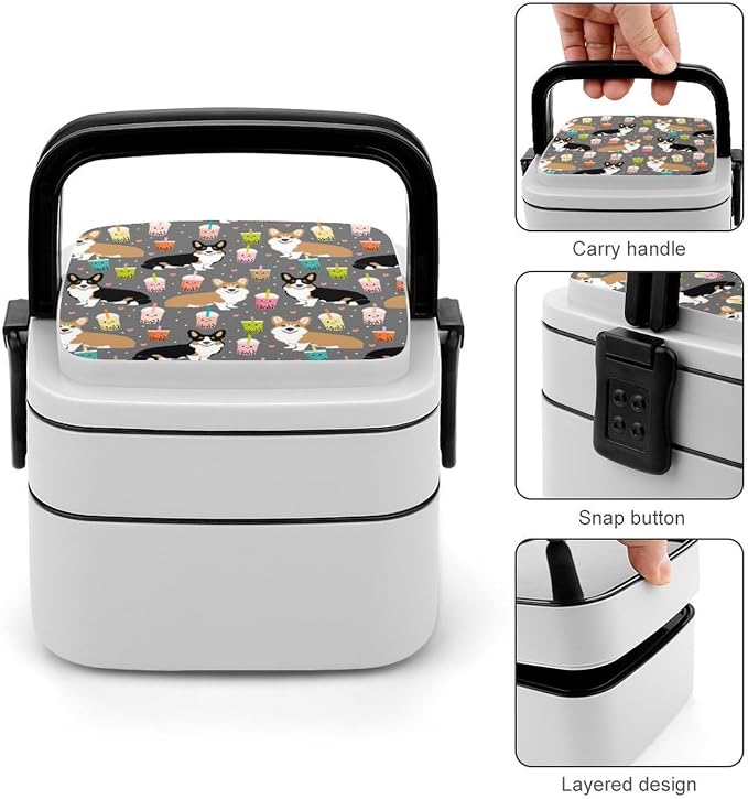 Cute Corgi Pet and Milk Tea Double Layer Bento Box, 1000ml Stackable Leakproof Lunch Container with Spoon, Portable 2-Tier Food Storage Box for Office Work Picnic Camping and Travel