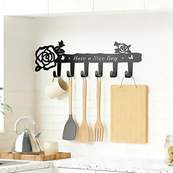 Key Holder Wall Mount, 13.5 Inch Wide-Spaced 6 Hooks Key Rack with Rose & Butterfly, Matte Black Rust-Proof Wall Organizer for Tidy Entryway, Hallway & Kitchen