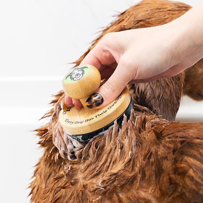 Doggy Style Small Dog Grooming Brush – Bamboo Bath Brush with Soft Silicone Bristles, Pet Scrubber for Shedding, Bathing & Massaging, Eco-Friendly Puppy Grooming Tool