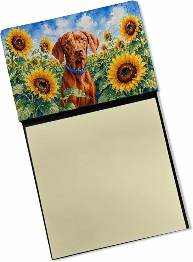 Caroline's Treasures Vizsla in Sunflowers Watercolor Sticky Note Holder Refillable Dispenser Desk Accessory 3x3 Pad Gift