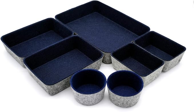 Welaxy 7 Piece Felt Desk Drawer Organizer Storage Bin Navy Catchall Tray