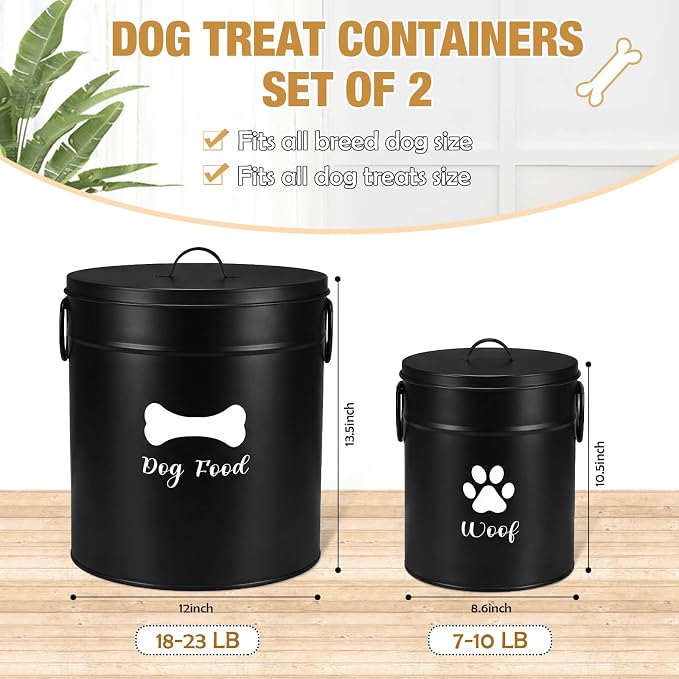 DoubleFill Extra Large 23+10 lb Metal Dog Food Storage Containers, Black | Airtight Dog Treat Snack Jars with Lids and Spoon, Farmhouse Style Big Pet Cookie Storage Bin for Kitchen Counter, Set of 2