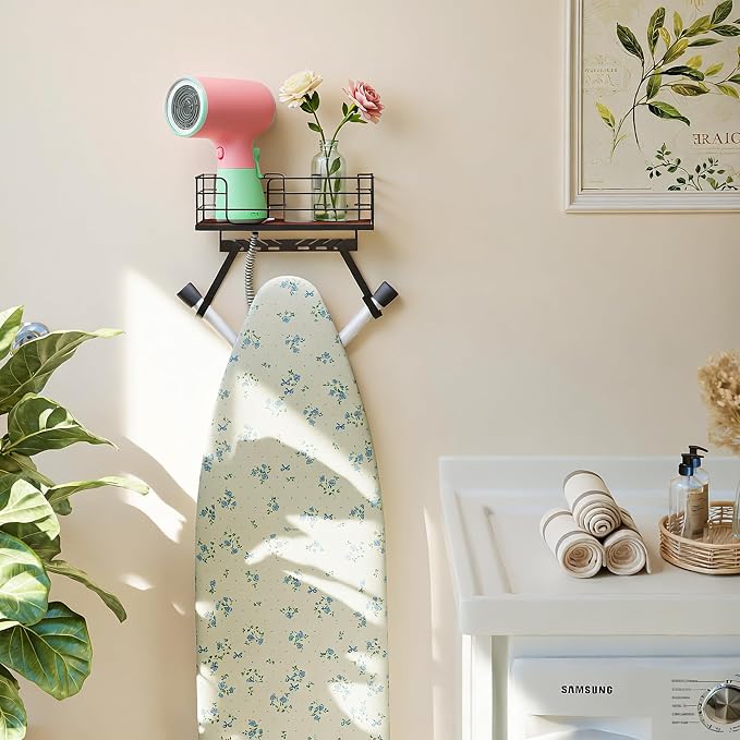 THYGIFTREE Ironing Board Hanger Wall Mount Adjustable Hooks Fits T & Y Shaped Boards, Iron Holder Metal Frame with Wood Shelf for Laundry Room Organization, Holds Iron, Steamer & Accessories