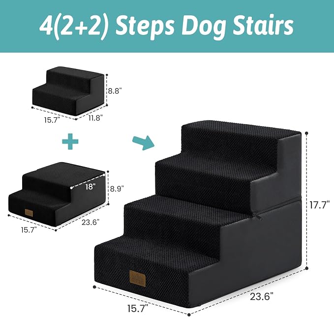 COZY KISS Dog Stairs for Small Dogs, 4 Step Pet Stairs for Beds & Couches | 17.7" H Wide Non-Slip Dog Steps with Removable Tiers & Support Board for Puppies, Older Cats & Dogs, Black