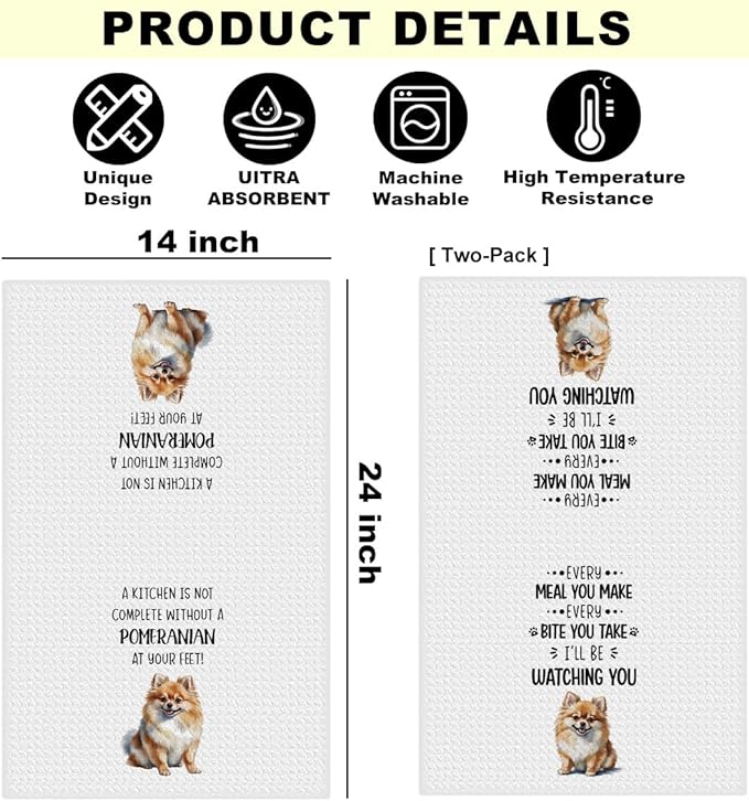 2Pcs Pomeranian Dog Kitchen Towels, Pomeranian Gifts for Women, Reusable Dish Towels for Kitchen Bathroom Decor, Waffle Weave Absorbent Hand Cloth Tea Towel, Cute Dog Gifts for Women Mom 14x24 Inch