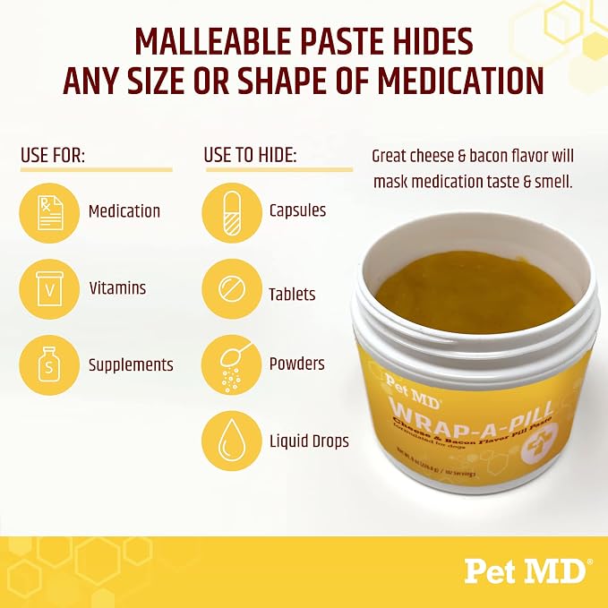 Pet MD Wrap A Pill Cheese & Bacon Flavor Pill Paste for Dogs - Make a Pocket or Pouch to Hide Pills & Medication - 8 oz (Pack of 2)