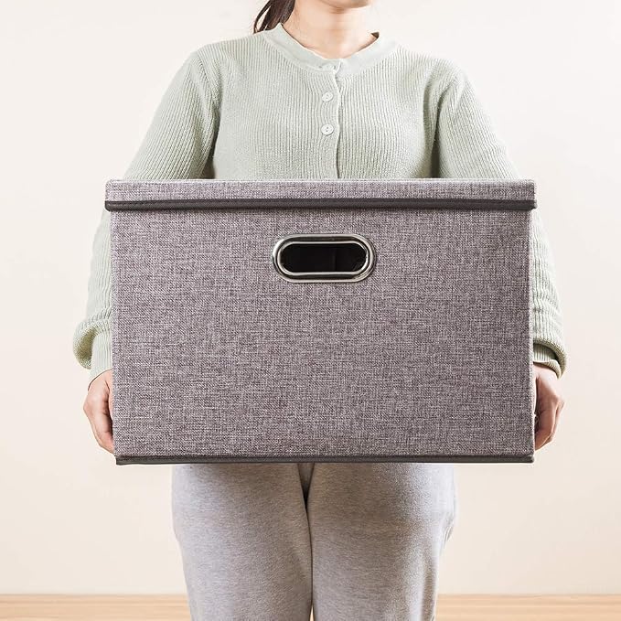 Large Collapsible Storage Containers with Lids [5-Pack] Linen Fabric Foldable Storage Bins Boxes Organizer Baskets Cube with Cover for Home Bedroom Closet Office Nursery (17.7x11.8x11.8)