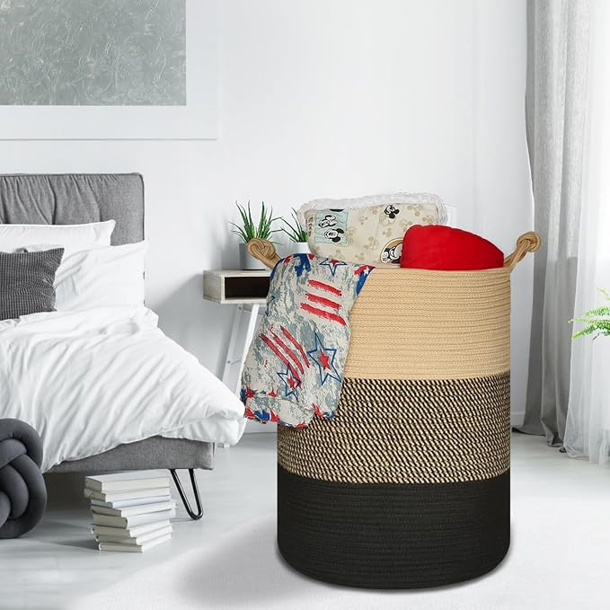 COMSE Tall Woven Blanket & Laundry Basket, 72L, Brown & Black | 15.7”x 21.7”, Cotton Rope, Large Nursery Hamper for Storage of Toys Clothes Towels, Great for Living Rooms Bedrooms Bathrooms