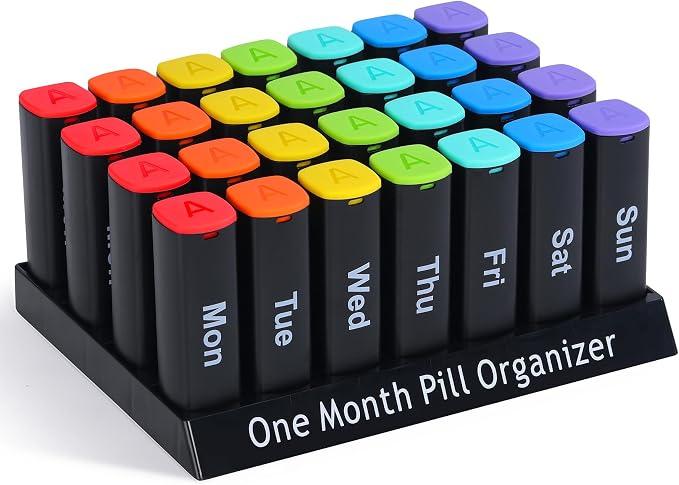 CAidRE Monthly Pill Organizer AM PM, Black XL Medication Box | 28 Day Moisture Proof Case for Vitamins and Supplements, Travel Friendly Individual Pods, Discreet 4 Week Storage