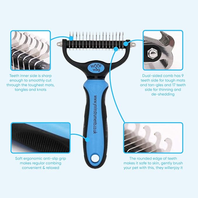 YNR Deshedding Dog Brush for Long Haired Dogs, Cats & Pets – Dual-Sided Undercoat Rake for Dematting, Detangling & Matted Fur, Stainless Steel Pet Grooming Comb with Anti-Slip Handle