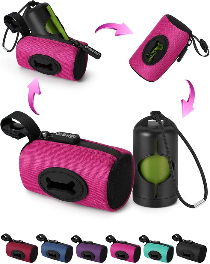 Gobeigo 2-in-1 Dog Poop Bag Holder【Easy Pull-Out Version】(Hot Pink) | Hard Plastic Insert & Soft Fabric Bag Snap-On Strap Dispenser Fits Retractable and Standard Leashes with 1 Roll Bags