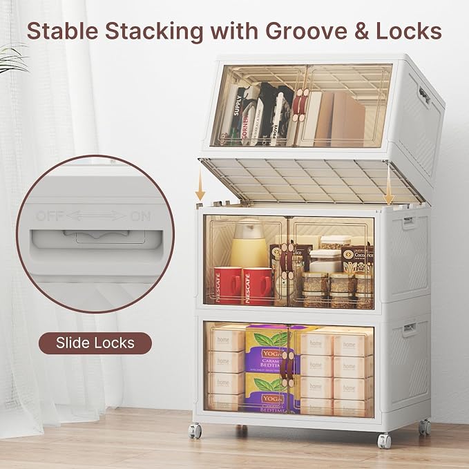 Stackable Storage Bins with Lids, 288QT Lockable Storage Cabinet | Folding Storage Box with Doors and Wheels, Collapsible Plastic Drawers for Home, Garage, Office
