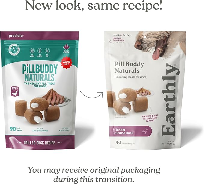 Presidio Earthly Pill Buddy Naturals - Duck (Chicken-Free) Pill Hiding Treats for Dogs - Pill Pocket for Any Size Medication - 90 Servings