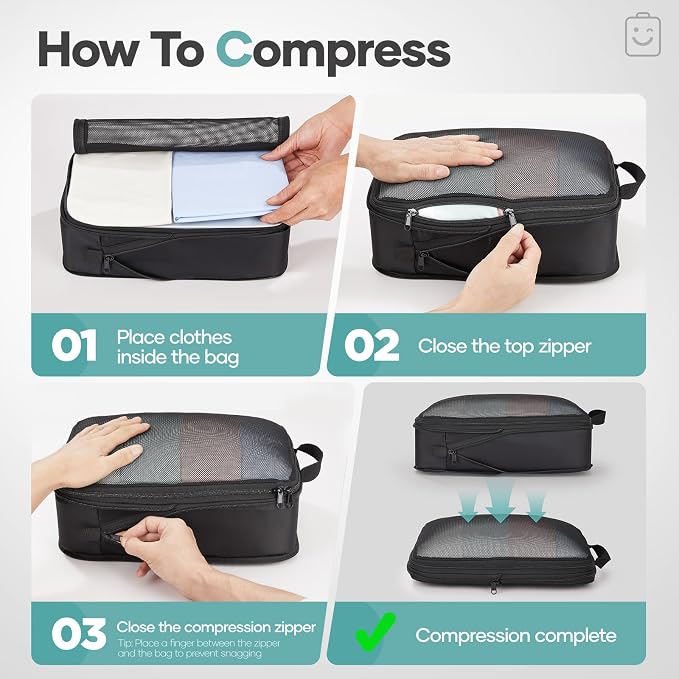 Veken 11 Set Compression Packing Cubes Garment Bags for Travel Essentials,Compressible Expandable Luggage Organizer Bags for Clothing,Space Saver Bags with Over 1000 pcs of Mesh Holes(Black)