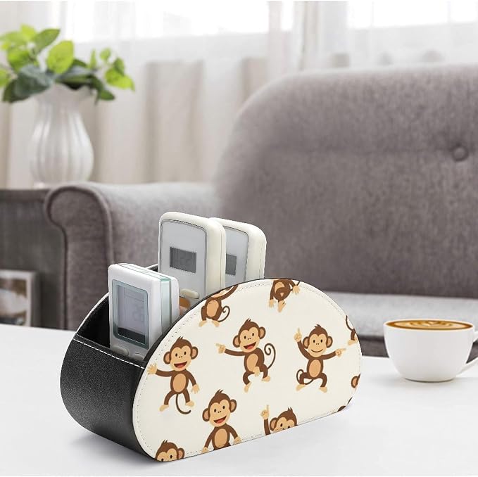 5 Compartment Remote Control Holder Monkey Cartoon Animal Storage Caddy Box | Pu Leather Desktop Organizer, Monkey Cartoon Animal Cute, Fit for TV Remotes, Media Player, Brush, Office Accessories