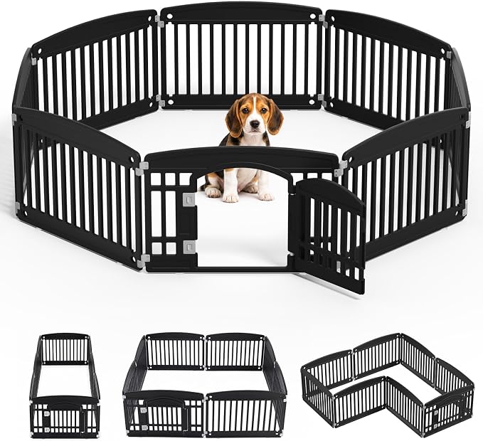 NEWBULIG 8 Panels 24 Inch Dog Playpen, Plastic Pet Play Pen Fence | Portable, Secure Locking Door, Indoor Outdoor Yard RV Camping, Small Medium Dogs, Black