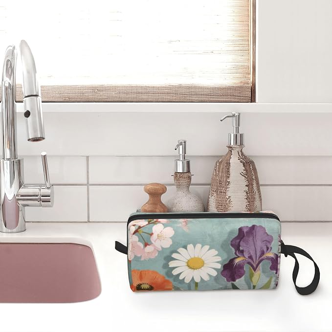 Spring Floral Garden Makeup Bag for Women with Wrist Strap | Durable 600D Oxford Fabric Cosmetic Organizer,Compact Travel Pouch with Handle for Gym & Daily Use