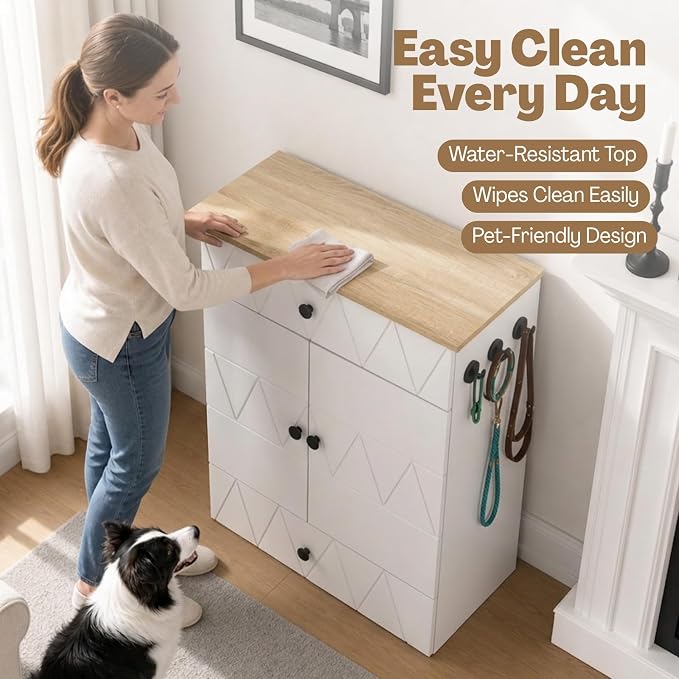 Dog Feeding Station with Storage Cabinet, Hidden Pull-Out Elevated Dog Bowls, Stainless Steel Feeding Drawer, Adjustable Shelves & Hooks, Modern Pet Food Storage Organizer for Dogs (White)