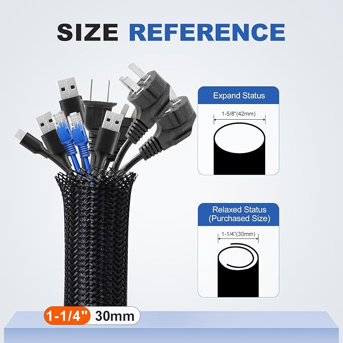 1-1/4" Cable Management Loom Wrap Sleeve Cord Wire Hider Organizer Covers | ELECFUN 8ft