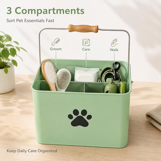 Pethiy Dog Grooming Bag Organizer Basket, Metal Dog Grooming Caddy-Green | Grooming Caddy with Carry Handle, Portable Pet Storage Bin for Bath Supplies, Grooming Tools,Waste Bags,Outdoor Pet Care