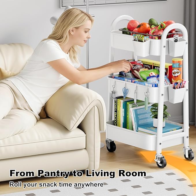 3 Tier Metal Rolling Cart Organizer, White Utility Storage Carts on Wheels | Three Tiered Bedside Carts for Baby Essentials, Utility Roller Shelf for Snack, Art, Cleaning, Craft, Diaper Caddy, Book