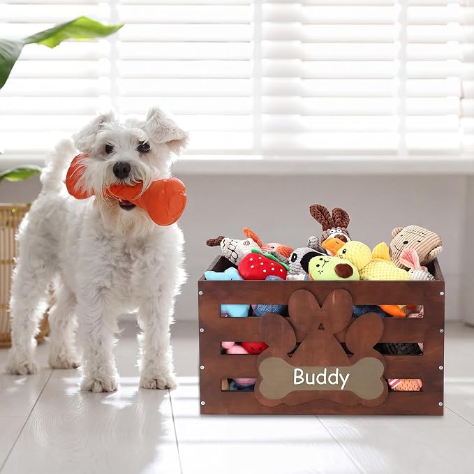 Cinnvoice Large Dog Toy Basket Wood Dog Toy Bin Storage Box with Handles and Label Position Design Large Organizer with Paw Pattern Print for Pets Toys Food Blankets Clothes 18"x12"x10" (Dark Brown)