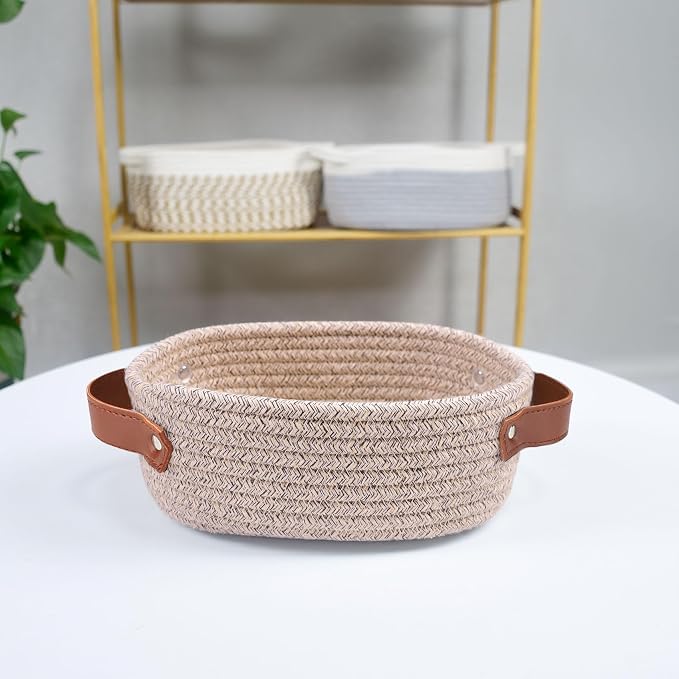 ABenkle Small Woven Basket, Mini Cotton Rope Storage Basket, Tiny Easter Basket, Shelf Basket, Oval Decorative Toy Dog Cat Basket for Nursery, Empty Gift Basket, 9.4" x 5.9" x 3.9" XS