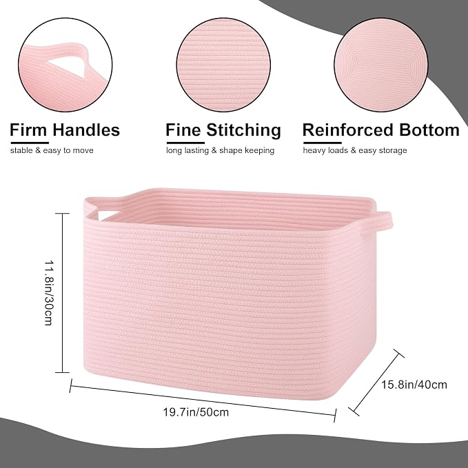 OIASKET 65L Extra Large Blanket Basket Living Room, 19.7"x15.8"x11.8" | Rectangle Woven Laundry Hamper, Nursery Blanket Storage Living Room, Toy Storage With Handle, Large Baskets for Organizing