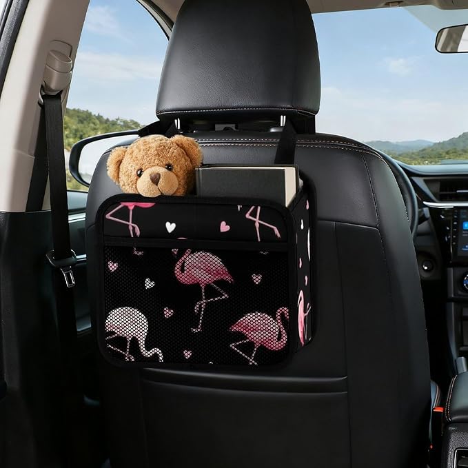 Car Seat Back Organizer Hanging Storage Bag for Backseat, Love Heart | Flamingo Black, Pu Leather Auto Storage Organizer with Mesh Pockets, Waterproof and Leakproof