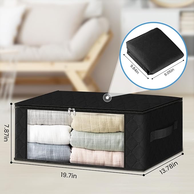 HomeHacks 6-Pack Clothes Organizer Storage Bags Foldable Storage Box with Large Clear Window Sturdy Handles for Closet, Dorm, Pillows, Bedding, Clothes, Stuffed Toys, Blankets, 35L, Black | Foldable Storage Box Container with Zippers, Clear Window, Rei...