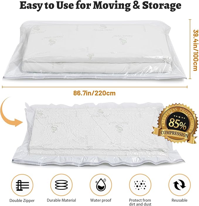 Mattress Vacuum Bag, 86x39in Space Saver Vacuum Storage Bags, Oversized Vacuum Bags, Reusable Space Saver Bags, Twin Mattress Vacuum Bag King for Memory Foam Mattress Moving Storage, 86.7x39.4in