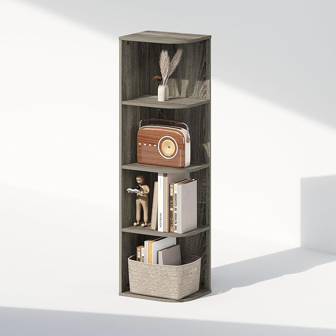 Furinno Reed Corner Shelf, 4-Tier Corner Bookshelf, Book Shelf, Corner Shelves, Storage Rack, for Organization and Storage, Home Office, Living Room, French Oak