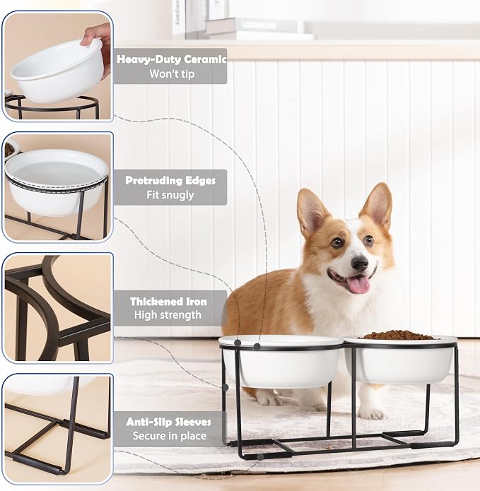 Ceramic Elevated Dog Bowl Set - Raised Food and Water Bowls with Metal Stand - Double Pet Dishes for Small and Medium Dogs - 3 Cups - 24.3 fl oz - Matte White