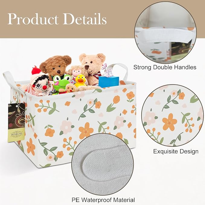 Rectangle Foldable Storage Basket Handles For Home, Orange Flower | Waterproof canvas material, reinforced handles, perfect for shelf use, organizes clothes, daily items and pet supplies
