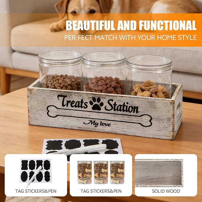 Dog Food Storage Container Pet Treat Organizers with 3 Jars Dog Stuff Dog Treat Container for Countertop Farmhouse Decor Gift for Pet Dog Cookie Cat Treat Jar