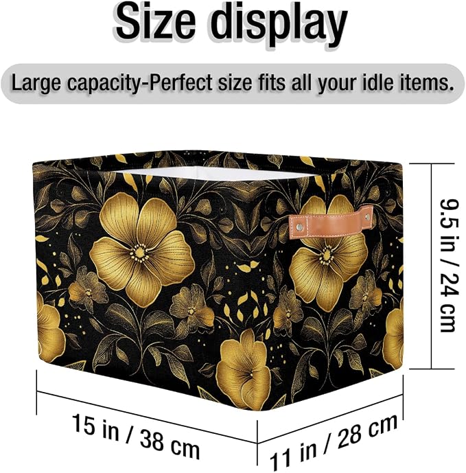 Rectangular Storage Basket Foldable Fabric Storage Bin Toy Baskets Organizer for Shelves Closet Bedroom Home Office, (Black Gold Flower)