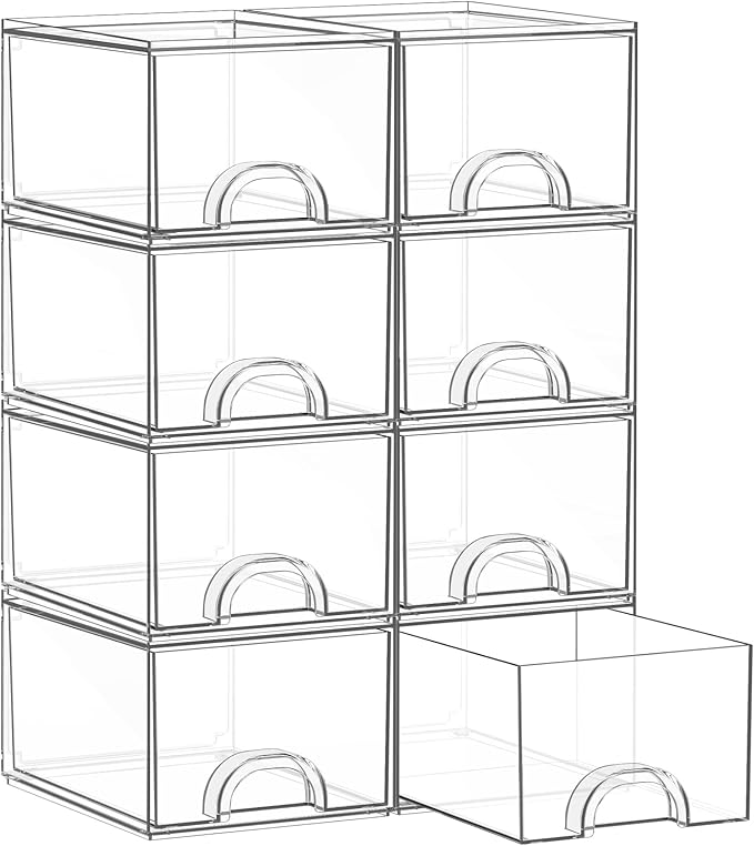 8 Pack Small Clear Stackable Acrylic Storage Boxes & Drawers | Storage Organizer, Clear Plastic Makeup Organizer, Ideal for Vanity, Cabinet, Desk Organization, Art Tool & Sketch