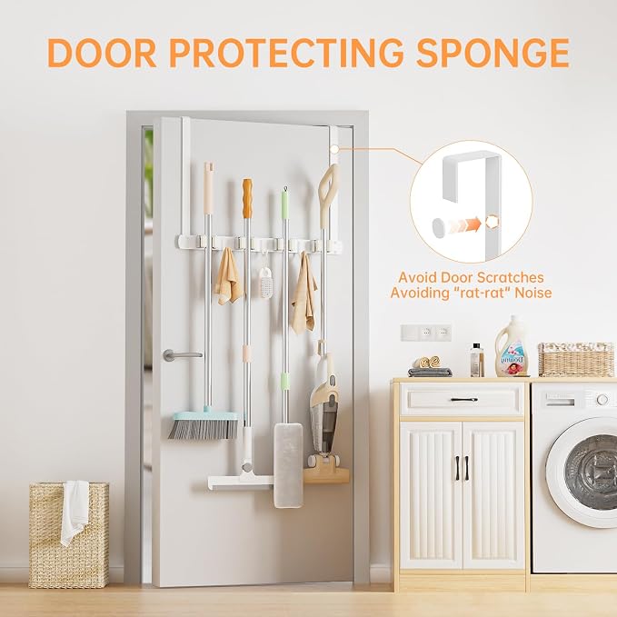 Broom Holder Over The Door with Hooks -304 Stainless Steel (White) | Save Space, Anti-Rust & Sturdy, Mop and Broom Holder Wall Mounted or Hanging Over The Door, for Garage Laundry Kitchen