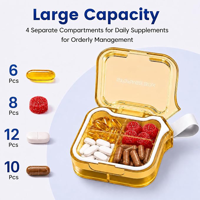 Travel Pill Organizer with Silicone Carry Loop, Small Pill Case | 4 Compartments Compact Pill Box for Vitamins Supplements Daily Medications, Purse Backpack Office