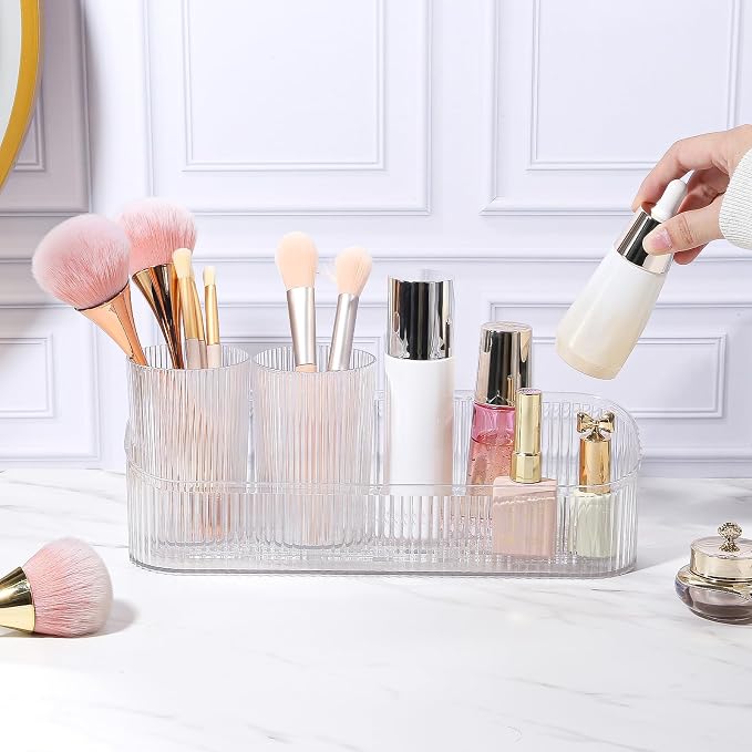 DASITON Makeup Brush Holder Organizer with 4 Cup, Vintage Striped Make Up Brush Holder for Vanity, Bathroom Toothbrush Holders, Acrylic Cosmetic Brushes Storage Organizer Pen Holder (Clear+Clear)