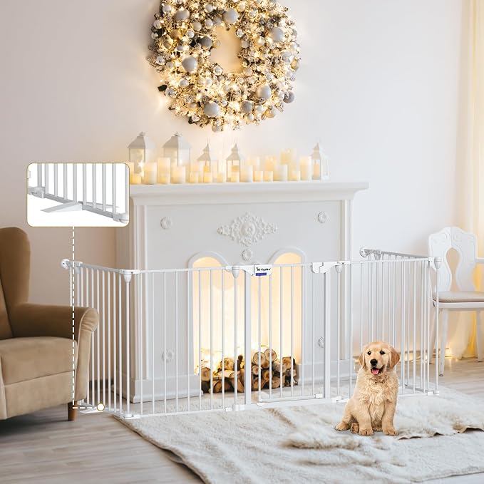 Kfvigoho Dog Gate 27.5"-129" Extra-Wide Playpen, Freestanding Pet Gate | Puppy Fence with Auto-Close Door, Double Locking System for Fireplace, Foldable White, 5 Panels