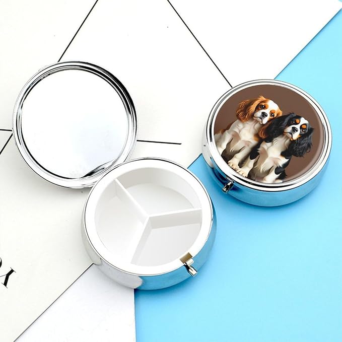 Cute Pet Dog Metal Pill Organizer with Mirror, 3-Compartment Travel Pill Box, 2-Inch Round Pocket Medicine Case with Secure Latch, Portable Vitamin Holder for Women & Men
