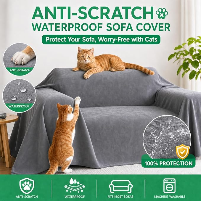 Loiion Cat Scratch Proof Furniture Protector Waterproof Sofa Cover 102"x71" | Pet-Friendly Couch Protector, Anti-Scratch & Anti-Slip Sofa Cover For Cats Dogs Kids, Machine Washable